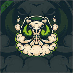 Warthog head vapor e-cigarette, vape, vaporizer cigarette, electronic smoke, Design element for company logo, label, emblem, apparel or other merchandise. Scalable and editable Vector.