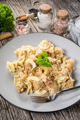 Pasta with sauerkraut and bacon.