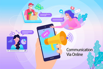 young people using mobile smartphone to share posts and news in social networks. Flat hand holds smart phone to make repost of video and news.