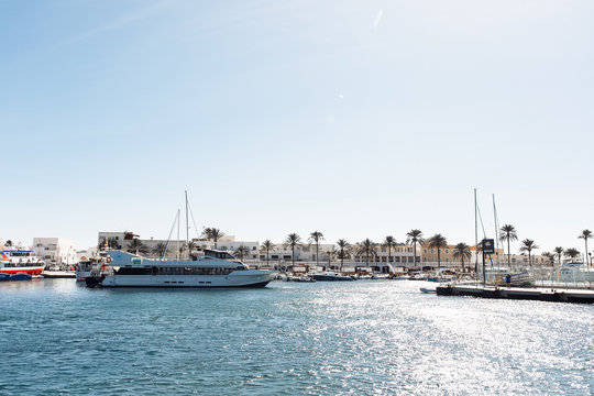 View of Formentera island/port from the boat.