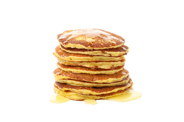 Tasty pancakes with honey isolated on white background. Sweet breakfast