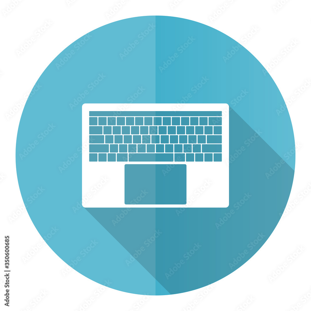 Poster notebook and laptop keyboard blue round flat design vector icon isolated on white background