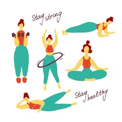 Different sport poses. Girl training. Workout concept. Flat vector graphic