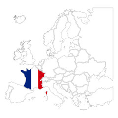 Detailed France silhouette with national flag on contour europe map on white