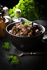 Beef stew in a bowl.