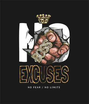 No Excuses Slogan With Hand In Gold Rings Pointing Illustration On Black Background