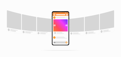 Smartphone with carousel posting interface concept Colorful gradient on the phone screen SMM on social network Great drawn smartphone in a realistic style Very easy to edit All objects isolated Vector