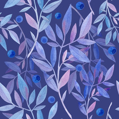 Blue foliage and berries. Seamless pattern. Watercolor work. Manual graphics.