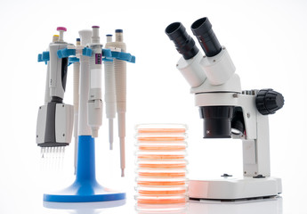 microscope, petri dishes and pipette stand by microbiological laboratory