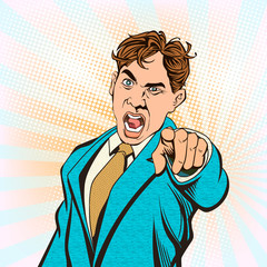 The young man shouted, pointing his finger.Pop art retro vector illustration vintage kitsch.The image is separated on background.