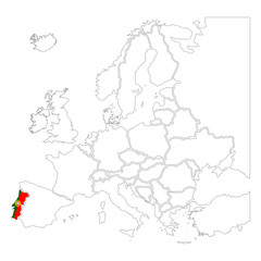 Detailed Portugal silhouette with national flag on contour europe map on white