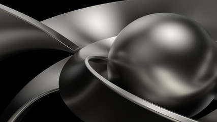 3d render of metal objects - sphere and twisted shapes. Reflective material.  Decorative chrome sculpture... - 350605078