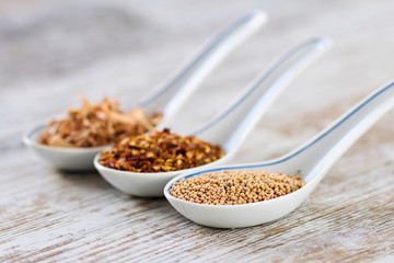Spices and herbs in porcelain spoons