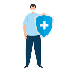man using face mask with shield vector illustration design