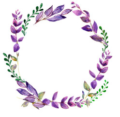 Fototapeta na wymiar watercolor illustration, purple Basil leaf frame, background, summer, eco, invitations