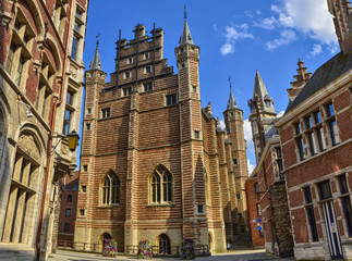 Antwerp, Flanders, Belgium. August 2019. The old meat market is a historic and characteristic building, now used as a museum. It makes great use of red bricks. Big format photo