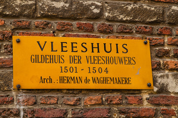 Antwerp, Flanders, Belgium. August 2019. The old meat market is a historic and characteristic building, now used as a museum. Vleeshuis literally means "House of the Meat". Hence the signs