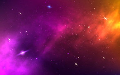 Space background. Yellow colorful galaxy. Realistic purple nebula with stardust and planet. Shining stars in cosmos. Futuristic backdrop for poster, brochure, banner. Vector Illustration