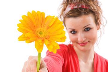young Girl Holding Flower and white background