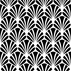 Abstract floral texture. Stylish geometric background. Seamless pattern. Elegant peacock feather. Design ornament for textile, interior, cases, prints. Black and white flowers. Bird plumage. Vector 