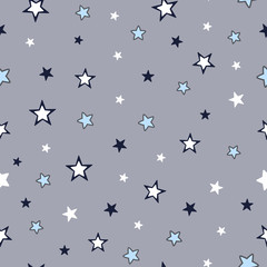 Fototapeta premium Seamless surface repeat vector pattern with light blue, navy blue and white little stars on a gray background