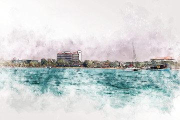Abstract Building and sea foreground on watercolor painting background. City on Digital illustration brush to art.