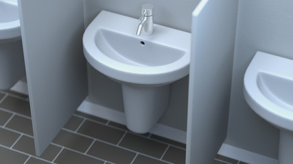 3d render. Three White sinks between partitions in room with white walls. Social distance concept.