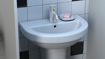 3d render. White sinks with soap between partitions in room with ceramic tile.