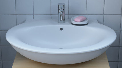 Fototapeta premium 3d render. White sink with pink soap on wooden pedestal in room with ceramic tile.