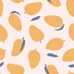 Mango seamless vector pattern. Summer hand drawn background. Trendy tropical pattern for print, textile, wrapping paper and decoration design. Simple vector fruit illustration