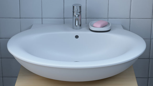 3d render. White sink with pink soap on wooden pedestal in room with ceramic tile.