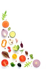 Creative layout made of tomato slice, cucumber, onion, herbs. Food pattern with raw fresh ingredients of salad. Healthy eating concept. Flat lay, copyspace, top view. 