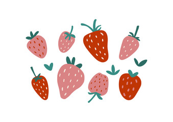 Flat cartoon strawberry set isolated on white background. Summer tropical hand drawn vector elements for nursery, prints and textile. Healthy fresh nutrition. Simple vector organic illustration