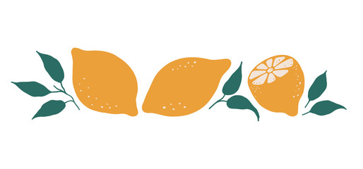 Flat cartoon set with lemons and leaves isolated on white background. Vector tropical fruit for print, textile, wrapping paper and decoration design. Simple vegetarian healthy food vector illustration