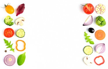 Food pattern with raw fresh ingredients of salad - tomato, cucumber, onion, herbs. Vegetables isolated on white background. Healthy eating concept. Flat lay, copyspace, top view.