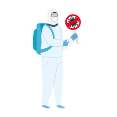 person with biohazard suit protection and label stop covid 19 vector illustration design
