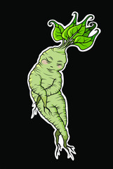 Obraz premium Green sleepy manragora, cute baby mandrake with black outlines. Vector sticker.