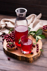 Glass of cherry juice on wooden background