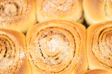 Freshly baked traditional sweet cinnamon rolls, swirl