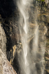 The water of the Bridalveil Fall hits on the rocks in the lower part of Yosemite National Park, California, USA.