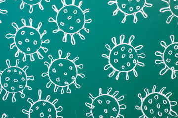 A chalk drawing on a green blackboard - close-up of coronavirus molecules and space for copying. Concept-back to school and stop coronavirus