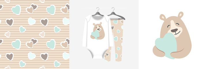 Seamless pattern and illustration set with bear hugs heart