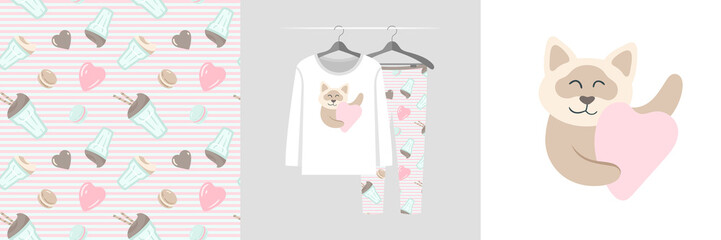 Seamless pattern and illustration set with cat hugs heart