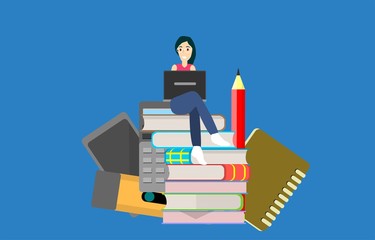 Flat vector illustration of a Student  girl  sitting on the books pile,  design templates for education, isolated  vector concepts 