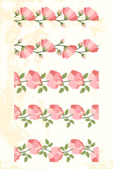 Set of pink rose seamless border on light yellow textured background. Elegant green floral pattern. Wedding flowerl decoration. Vector template.