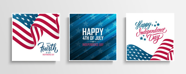 USA Independence Day greeting cards set with waving american national flag. Fourth of July. United States national holiday vector illustration.