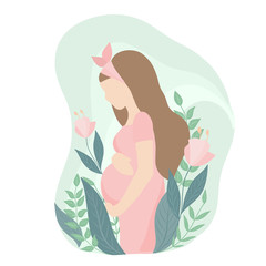 Illustration of a pregnant girl in a pink dress on a floral background, vector illustration on a flat style