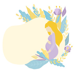 Illustration of a pregnant girl in a violet dress on a floral background, place fortext, vector illustration on a flat style
