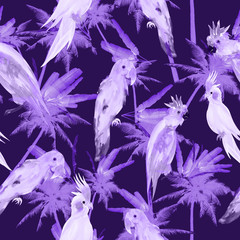 parrots in the night jungle seamless print on a purple background, tropical pattern with palm trees and birds.