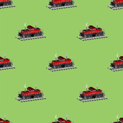 Seamless pattern without a mask. 3d Diesel shunting red locomotive with smoke, staggered EPS10